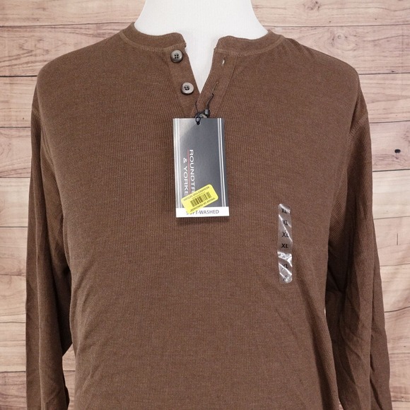 NWT ROUNDTREE & YORKE SOFT WASHED BROWN HENLEY WAFFLE KNIT TSHIRT SWEATER XL NEW - Picture 1 of 9
